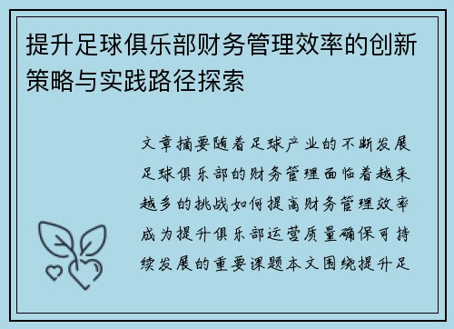 提升足球俱乐部财务管理效率的创新策略与实践路径探索