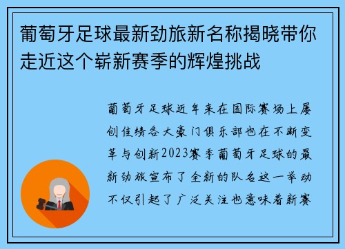 葡萄牙足球最新劲旅新名称揭晓带你走近这个崭新赛季的辉煌挑战