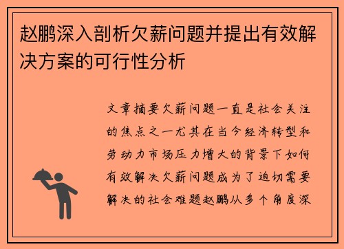 赵鹏深入剖析欠薪问题并提出有效解决方案的可行性分析 赵鹏深入剖析欠薪问题并提出有效解决方案的可行性分析